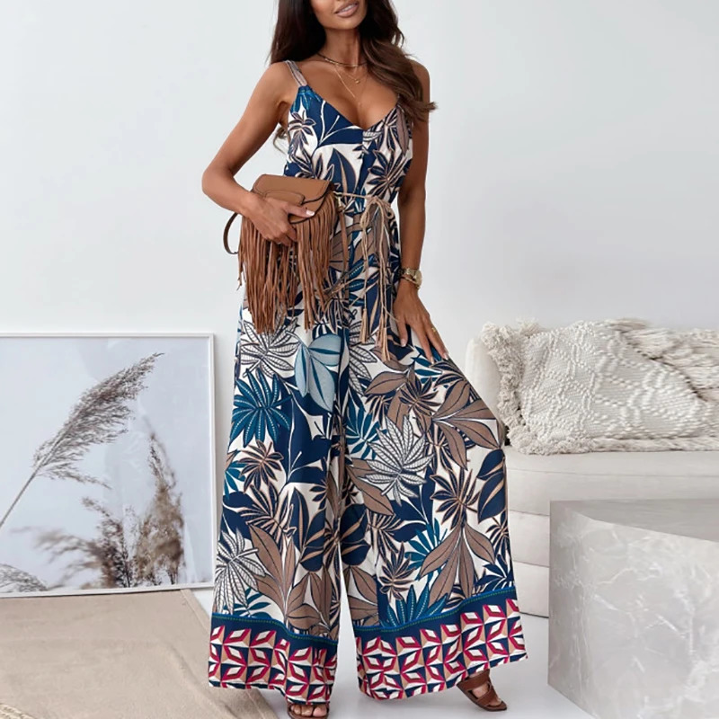 Fashion V Neck Suspender Bohemian Romper Casual Streetwear Loose Playsuit Retro Pattern Printed High Waist Womens Jumpsuit 250314