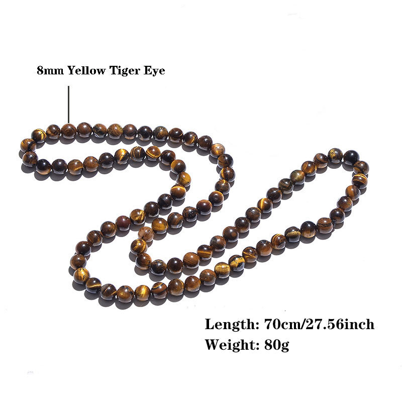 Yellow Tiger Eye Stone Imitation Black Agate Long Necklace Men's 8mm Natural Stone Beaded Item