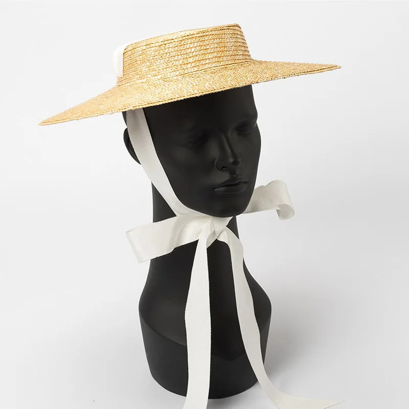 Wide Brim Boater Hat 10cm 15cm Brim Straw Hat Flat Women Summer Derby Hat White Black Ribbon Tie Sun Hat Beach Cap 250318
