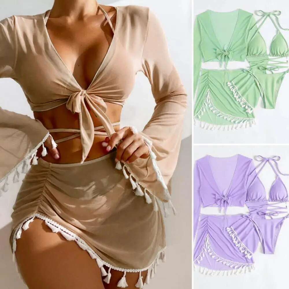 Fashionable women's swimsuit, 4-piece flared sleeve bikini set, camisole bra, high waisted skirt, solid color, suitable for the beach
