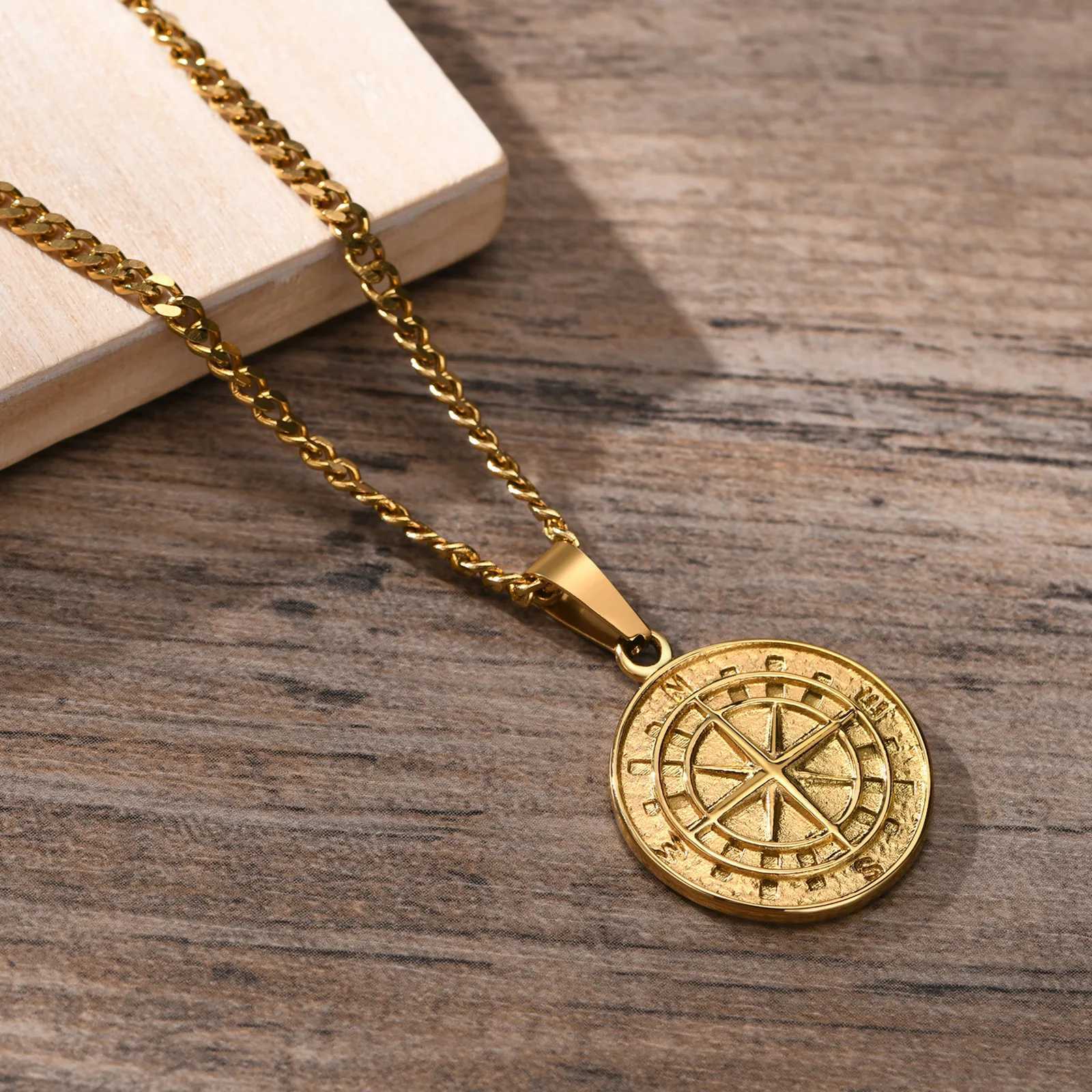 Golden mens compass necklace vintage Viking North Star anchor medal stainless steel pendant mens boyfriend dad gift W250318