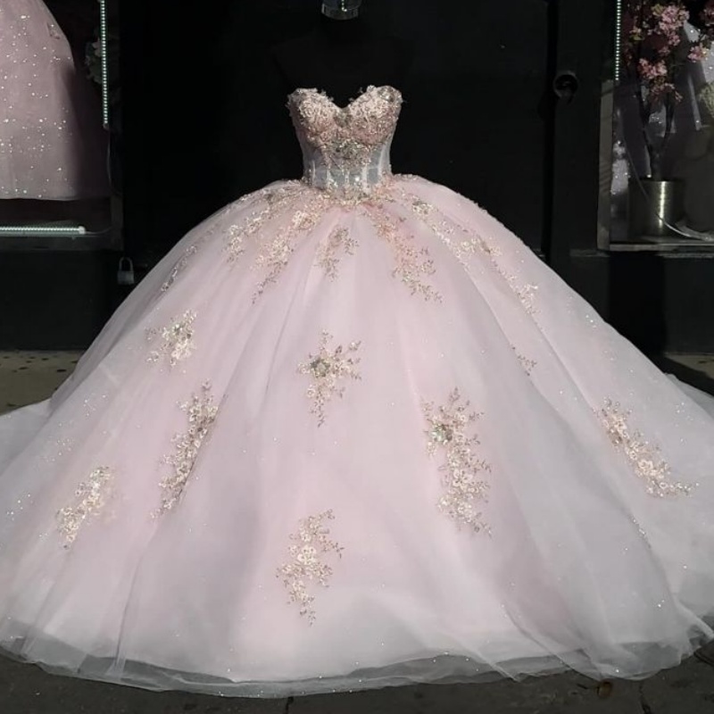 Light Pink Shiny Quinceanera Dresses XV Ball Gown Sequin Lace Applique Beads Tull Princess Sweet 16 Dress Birthday Party Vestido De 15 Anos