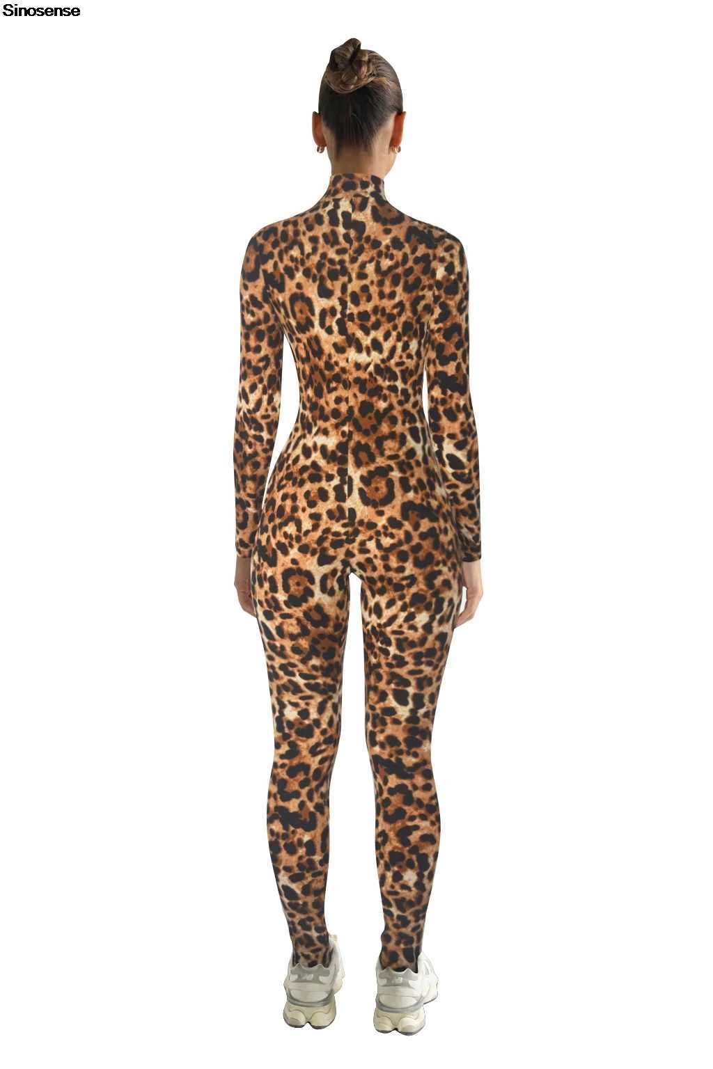 Womens Leopard Print One Piece Workout Jumpsuits Mock Neck Long Sleeve Zip Up Zip Up Romper Sexy Night Out Club Party Outfits X250318