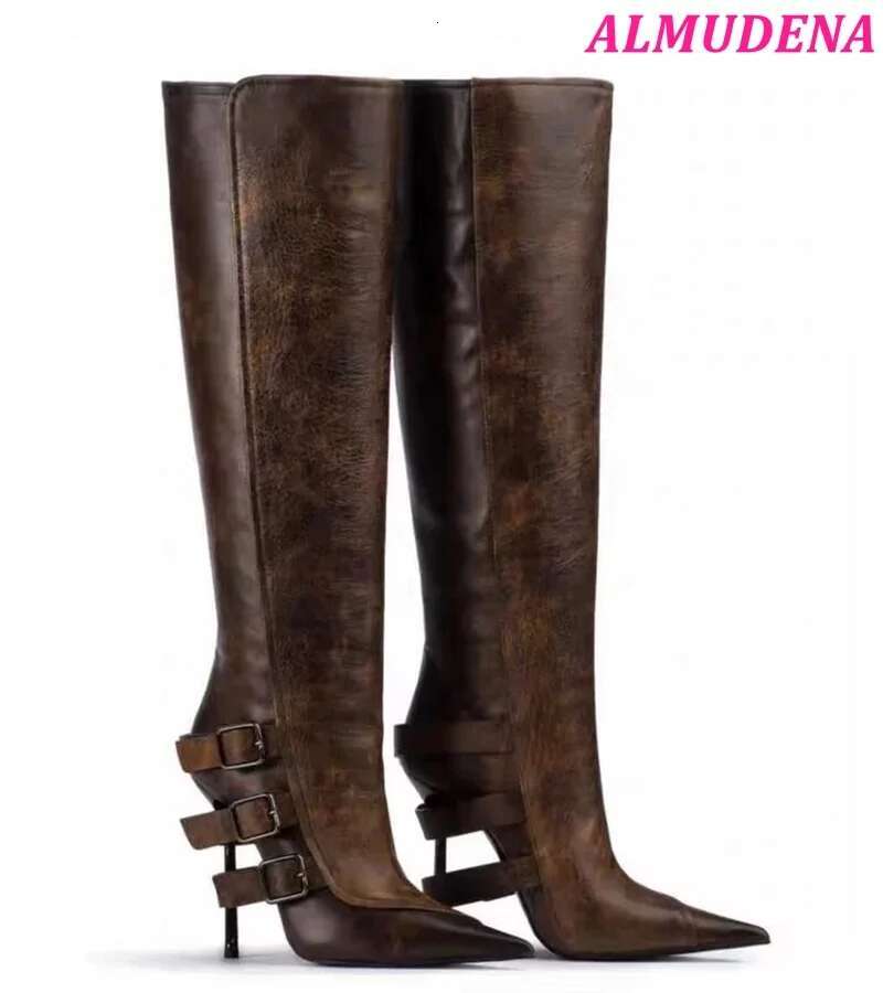Vintage Sexy Metal Heels Leather Ankle Boots Women's Pointed Toe Buckled Zipper Knee High Boot Designer Black Shoes