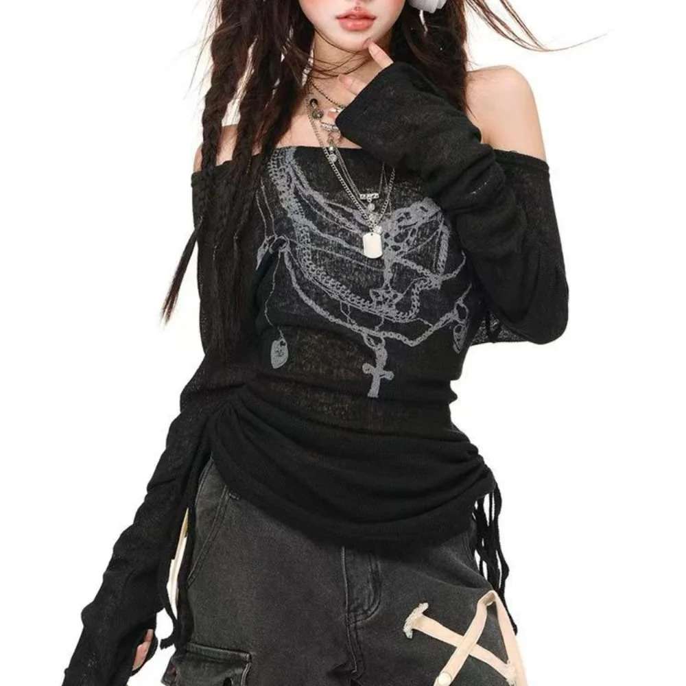 American Retro Ladys See Through T-Shirt Harajuku Cover Slash Neck Long Sleeve Top Y2K Punk Spice s T-Shirts Blouses 250318