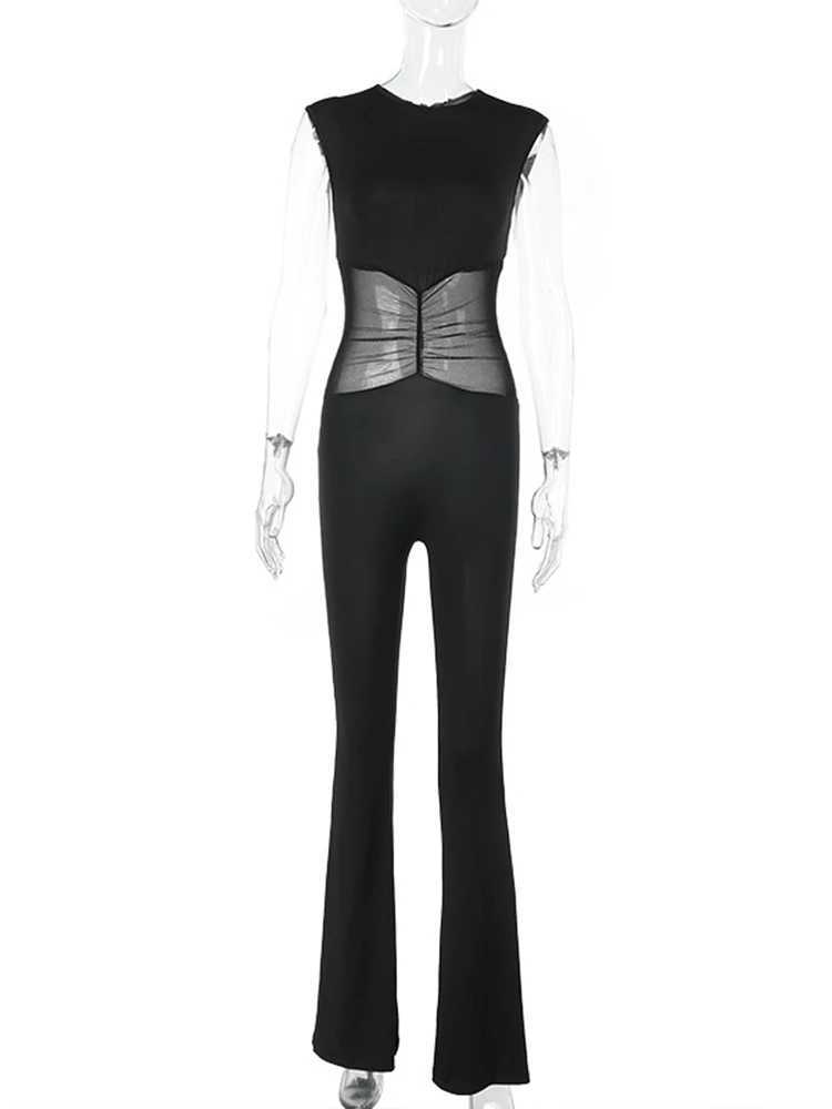 Sibybo Shr Mesh Splicing Work jumpsuit Womens Spring Fashion Round Neck Sleveless Ultra Thin Flash Pants Casual Party Coated jumpsuit X2503181