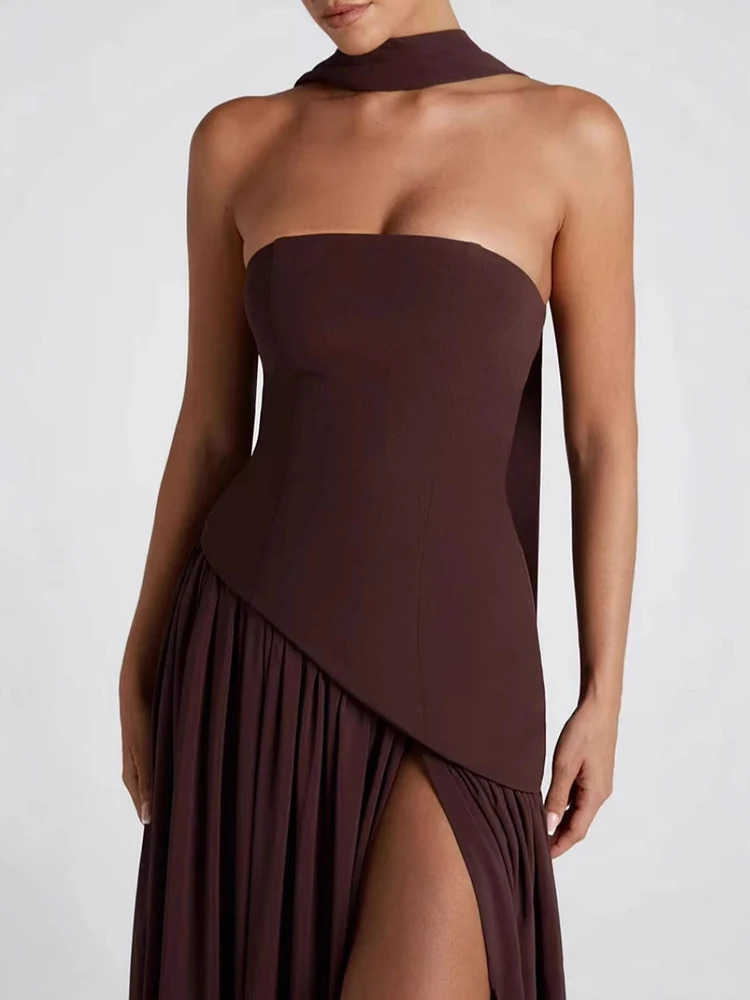 TARUXY Irregular Slit Vacation Long Dress For Women Elegant Contrast Slim Ribbon Dress Back Lace Up Female Strapless Summer 250317