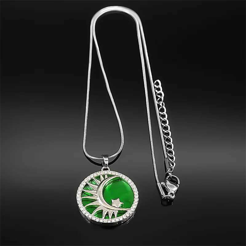 Sun Moon Star Womens Pendant Necklace Stainless Steel Water Diamond Green Magic Womens Charm Chain Jewelry Gift W250318