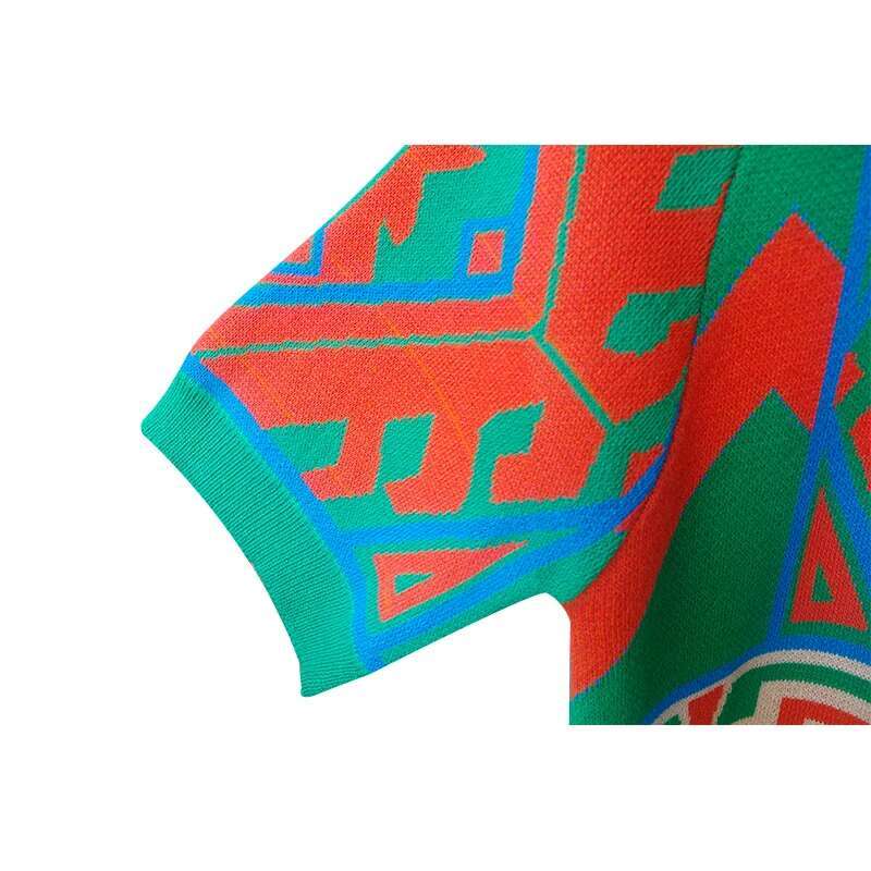 Summer Vintage Patchwork Geometric Pattern Sweater Women Fashion O-Neck Short Sleeve Knitted Pullover Tops Knitwear