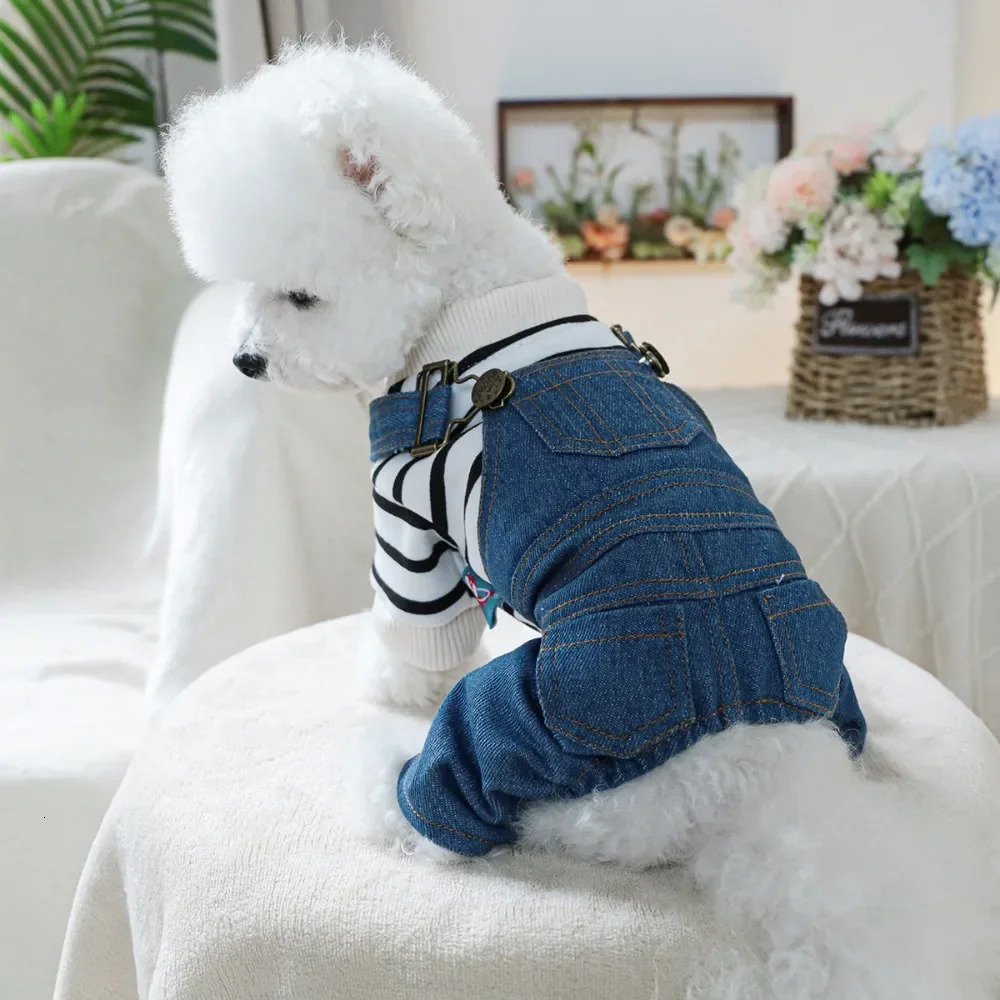 Cute cartoon puppy top boy classic striped jeans jumpsuit suitable for small midrange dogs Chihuahua French Bulldog clothing 250318