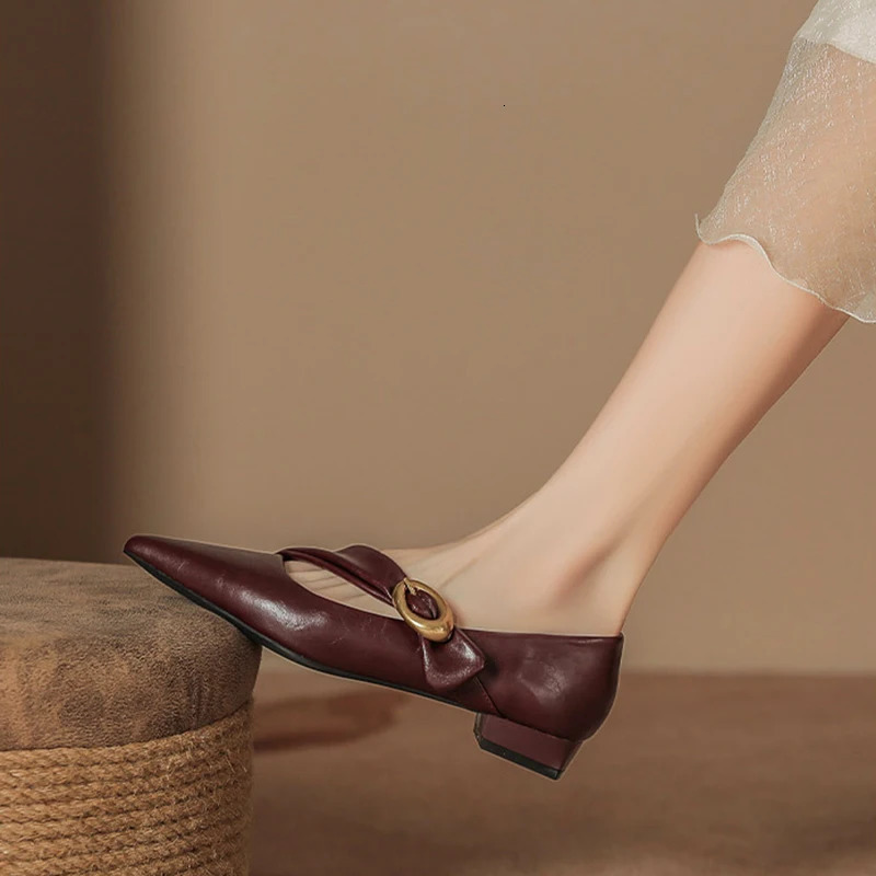 2025 Spring Vintage Women Pointed Toe Mary Jane Shoes Fashion Shallow Thick Heel Wedding Party Shoes 250318