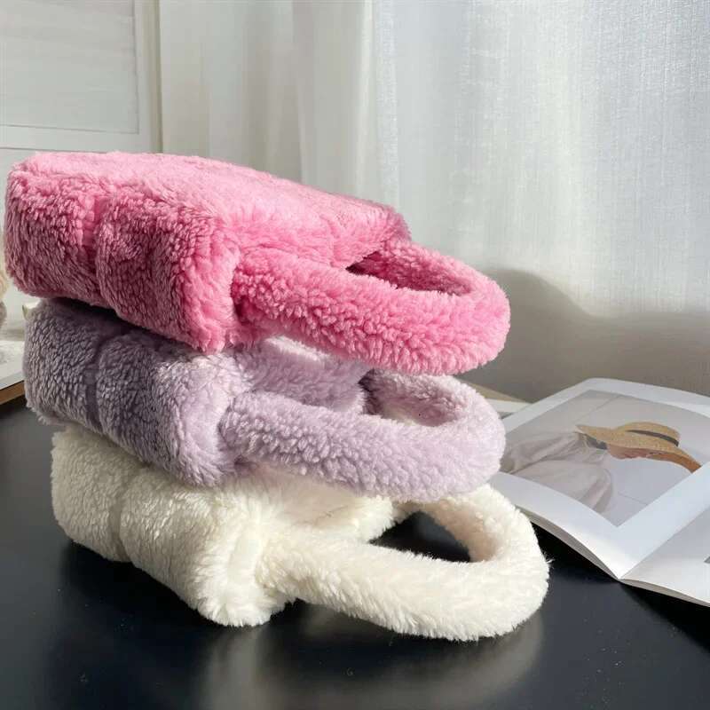 Winter New Plaid Lamb Wool Handbag Solid Color Fashion Ladies Plush Tote Bag Soft Fluffy Women's Small Faux Fur Purses Female