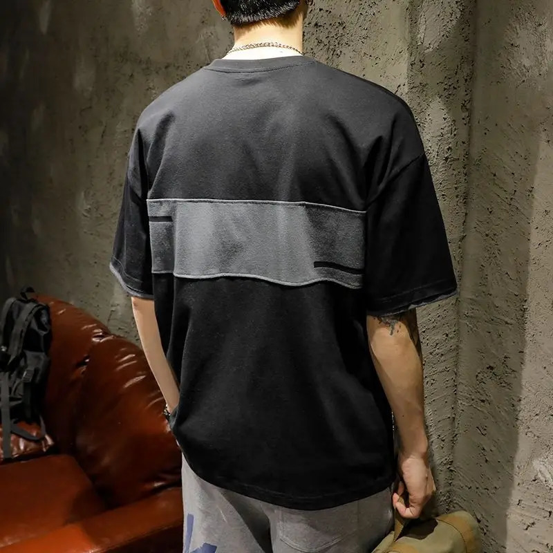 Fashion O-neck splicing printed letters full matching T-shirt for mens wear summer loose Korean style top casual T-shirt 250317