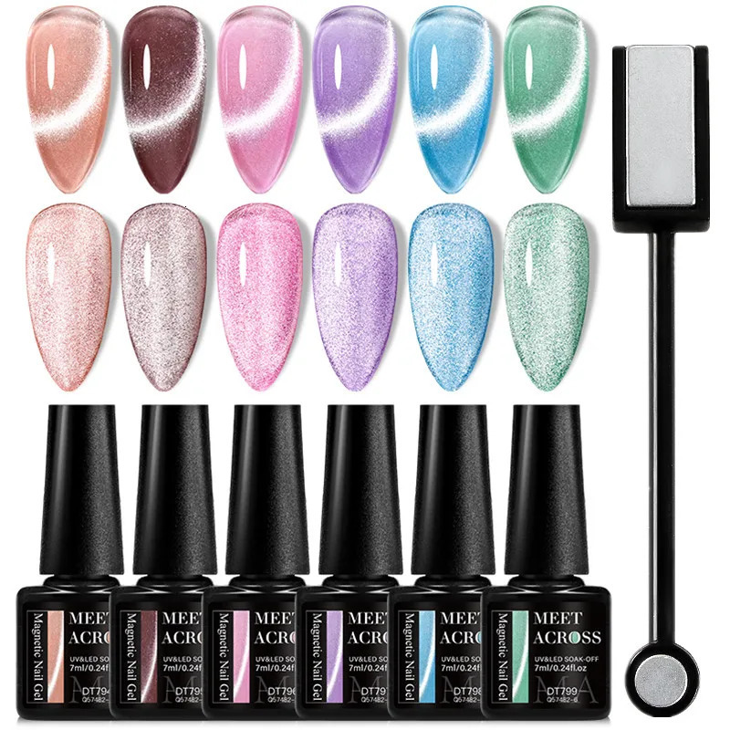 MEET ACROSS 7ml 9D Magnetic Gel Nail Polish Set Glitter Double Rainbow Magnetic Nail Art Gel Polish Kit for Manicure DIY Vernis 250314