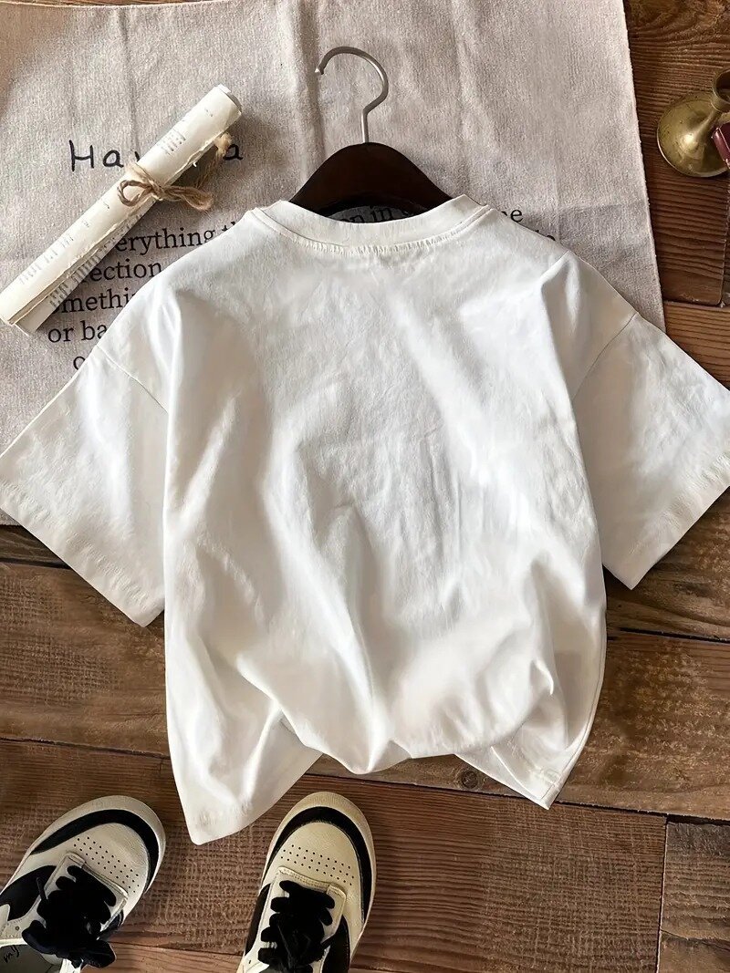 Women's T Shirts 2025 95% polyester fiber 5% spandex loose and fashionable round neck short sleeved top