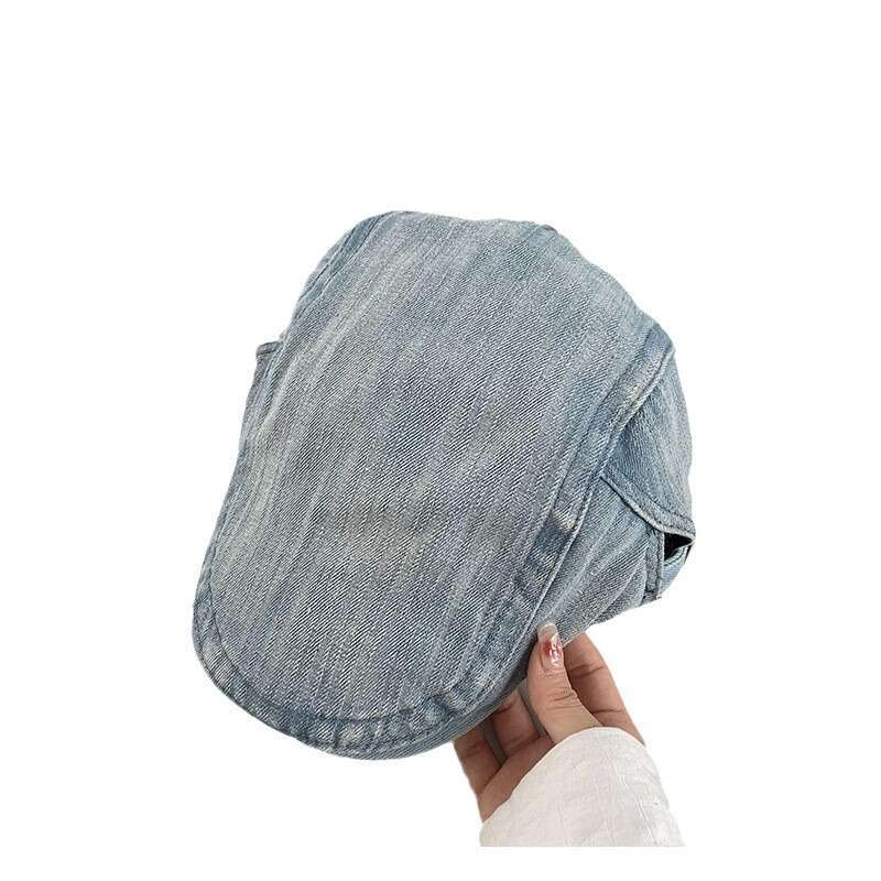 Washed denim forward women's Korean version big head circumference showing face small beret British style artistic hat