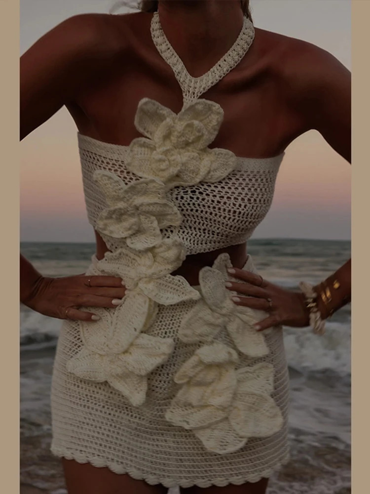 Beach Knit 3d Flower Dress Women Sleeveless Halter Sexy See Through Female Dresses 2025 Spring Summer Hollow Out Holiday Robes 250318