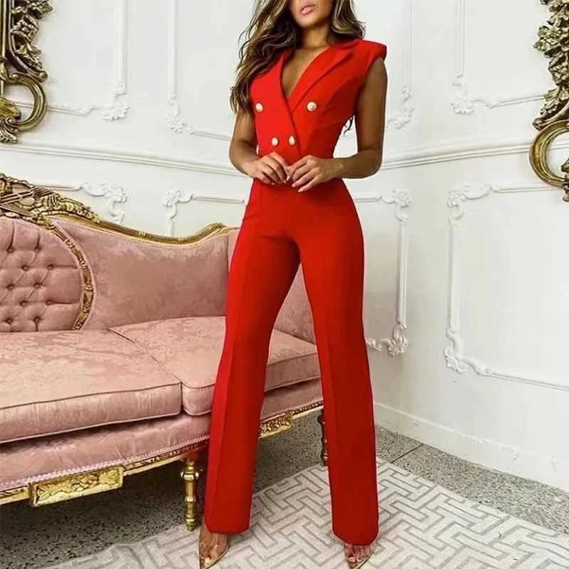 Office Lady Slveless Jumpsuit Fashion Houndstooth Print Dp V-Neck Button Straight Jumpsuit Summer New Elegant Commuting X2503181