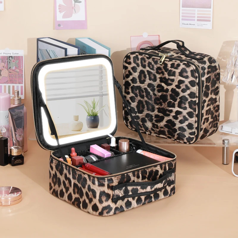 Makeup Bag with Mirror and Lights 3 Colors Dimmable LED Make up Case Cosmetic Organizer Accessories Makeup Train Case LEOPARD 250314