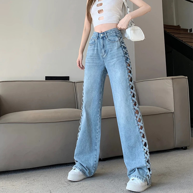 woven hollow womens jeans high waisted straight denim pants spring and summer casual wide leg Trouser strtwear Z260313