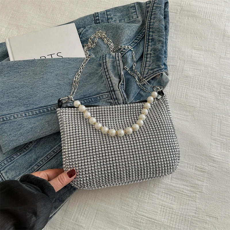 Pearl Full Rhinestone Delicate Handbag Fashion Shiny Gold Party Dinner Bag Shoulder Bag Elegant Silver WomenS Phone Money Purse R250318