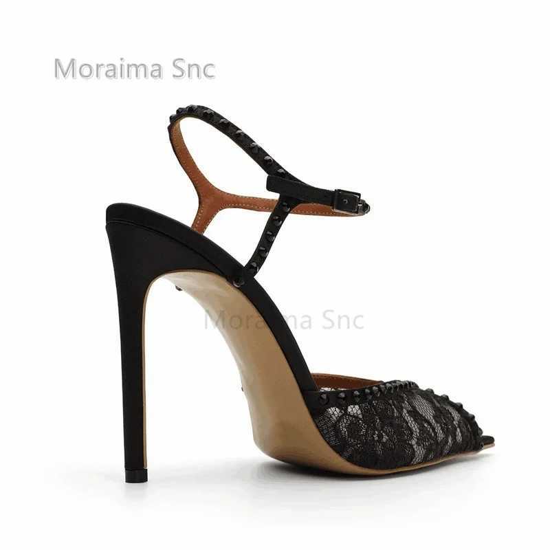 Lace embroidered high-heeled sandals used for angular toes leather toes summer shoes buckle straps thin high heels black and white shoes Y250317