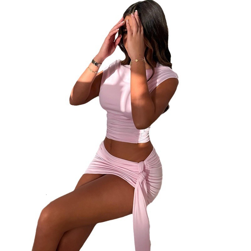 2024 Summer New Women's Sleeveless Round Neck Open Navel Top Strap Half Skirt Solid Color Set