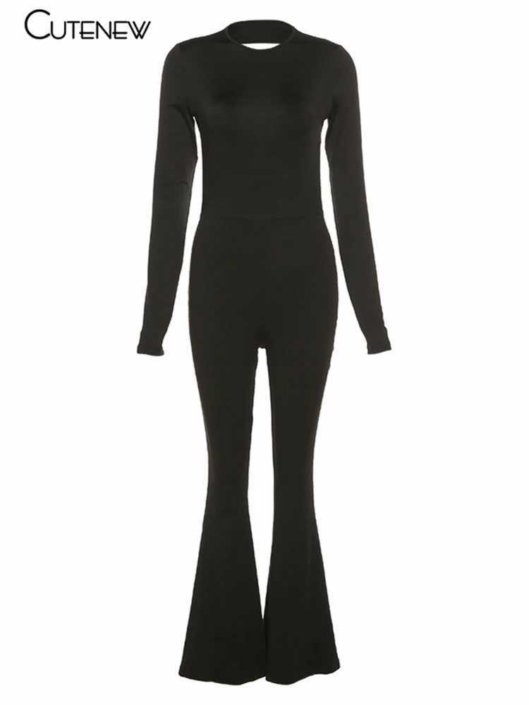 Cutenew Solid Black Sexy Backless Bodycon Wide Leg Jumpsuit Women Autumn Casual Slim Long Slve O-Neck Playsuit Lady Strtwear X250318
