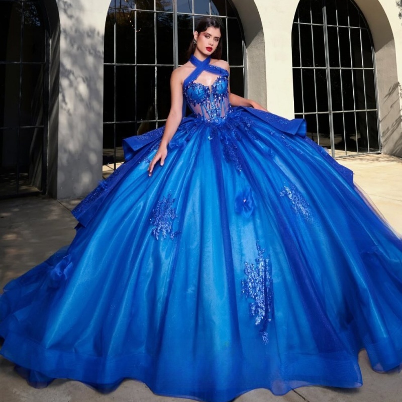 Royal Blue Shiny Off Shoulder Quinceanera Dresses Applique Flower Beads Tull Party Birthday Sweet 16 Dress Vestidos 15 De anos