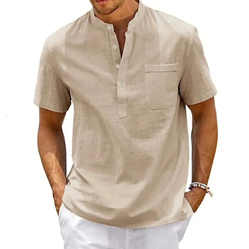 Cotton Linen Shirt Men Henley Neck Pocket Casual Beach Short Sleeve Solid Color Male Tops T-shirts Vintage Streetwear 250318