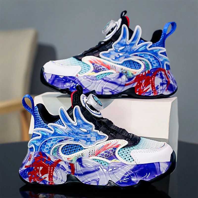Boys sports shoes 2025- Red Dragon design sports shoes breathable mesh with rotating buckle fashionable basketball and running shoesXJ250318