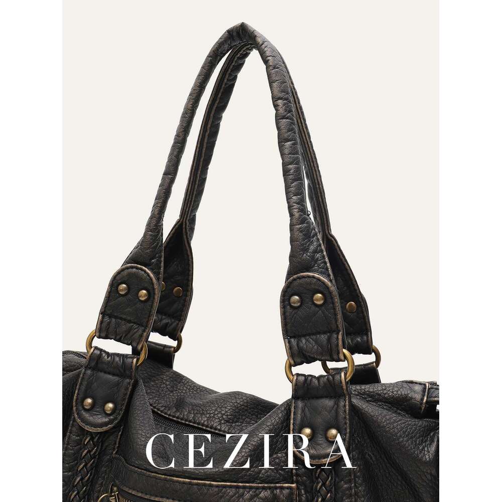 Washed PU Vintage Leather Large Capacity Tote Zip Pockets Braid Decor Shoulder Cross body Bag Unisex Women Daily Travel Handbag