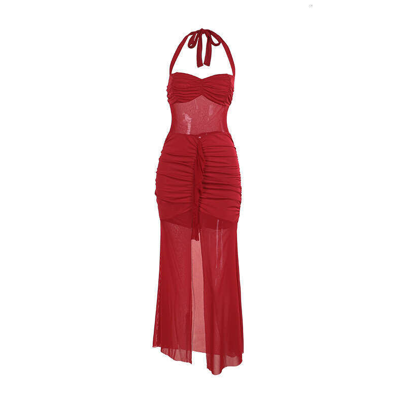 Women's Swimsuit Yj24530 Autumn 2024 New Style Sexy Mesh Splicing Shrink Fold Split Dress For Women