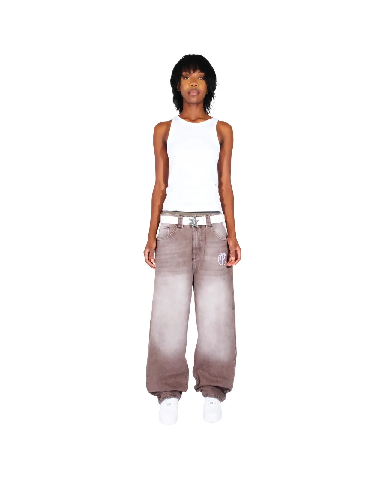 Streetwear PROTECT Jeans Y2K Mens Pants Harajuku Hip Hop Letter Embroidery Vintage Brown Baggy Jeans High Waist Wide Leg Trouser 250318