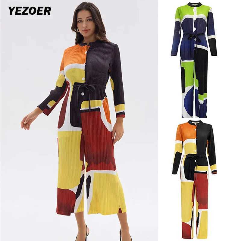 YEZOER Miyake pleated jumpsuit womens 2024 spring new print long casual loose single chest pocket womens waist belt X250318