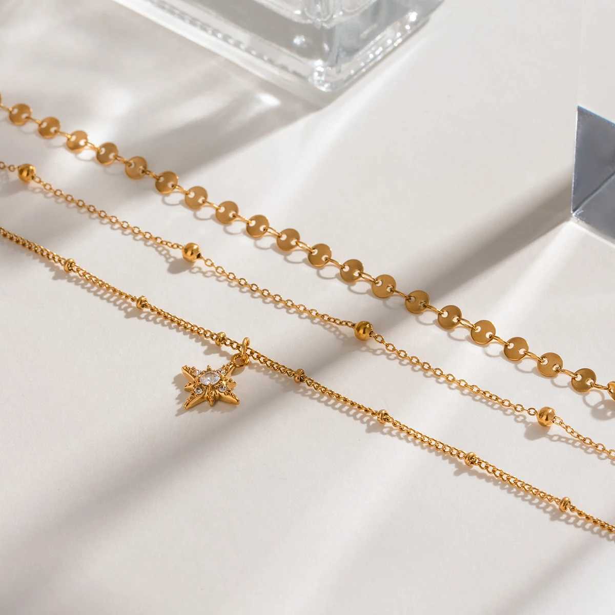 Youthway Diamond Star Layered Chain Pendant Necklace for Womens Stainless Steel Gold Metal Waterproof Texture Necklace Jewelry W250318