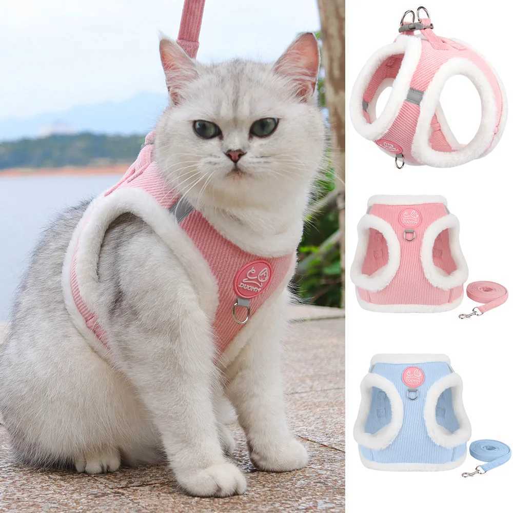 Rabbit fur cat and dog harness and belt set winter pet outdoor walking supplies reflective adjustable cat and dog harnessT250318