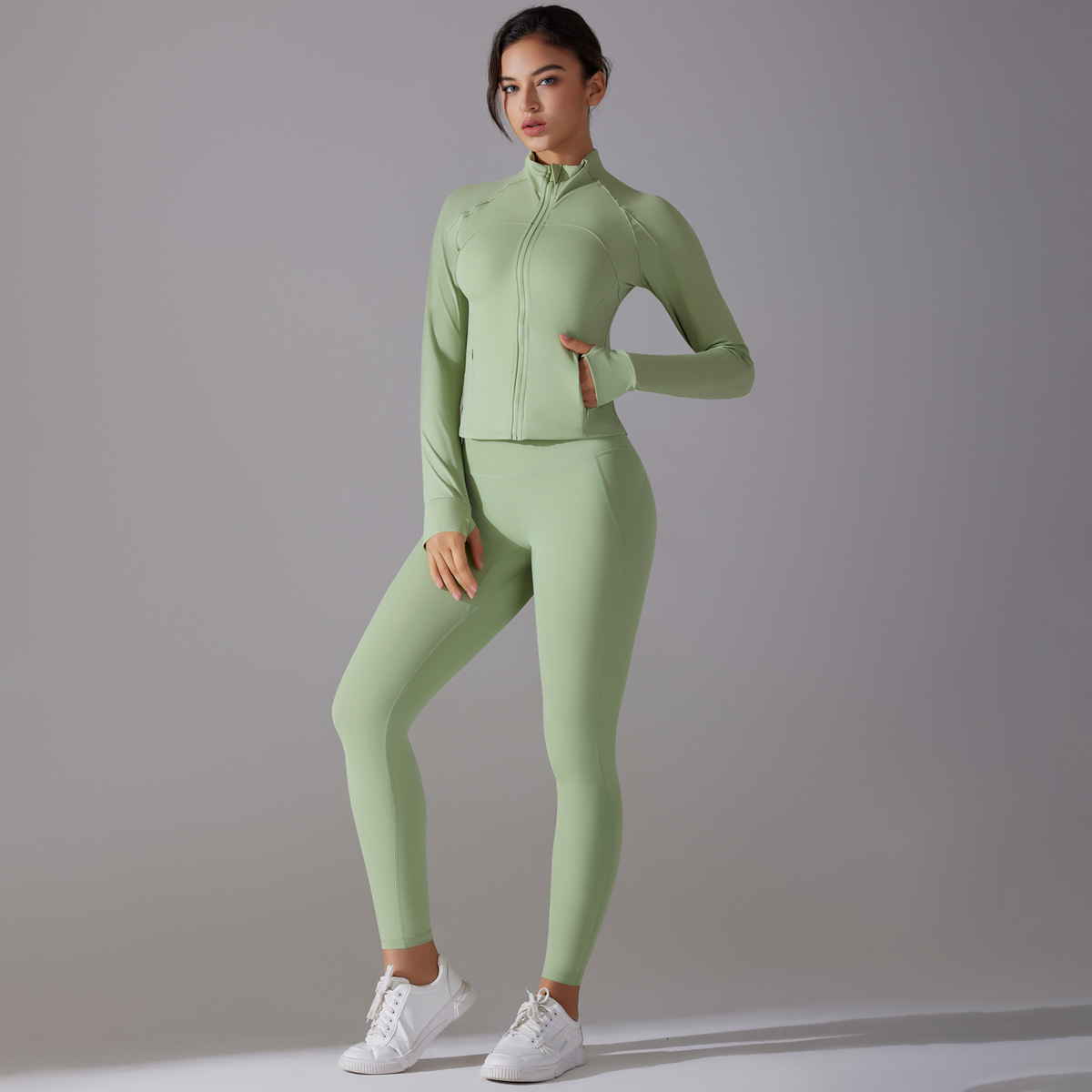 New leggings solid color antibacterial non wearing underwear zipper jacket yoga suit set, sports running fitness two-piece set tracksuit