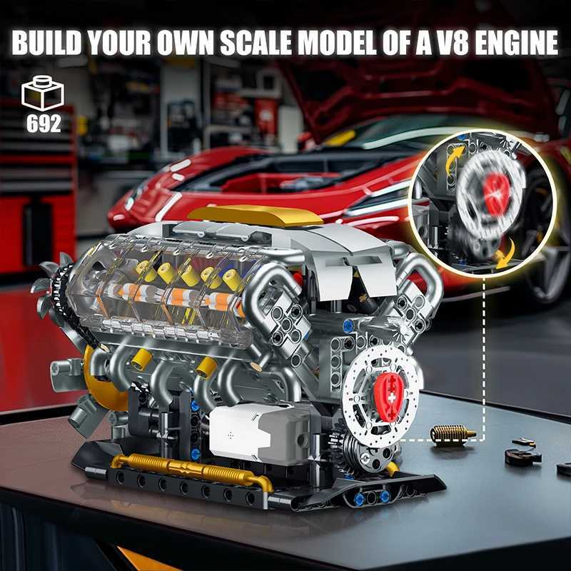 MOC Technik Electrically Driven V8 Engine Model Car Building Blocks Set Creative Educational Toys Christmas Gifts For Boys Kids W250318