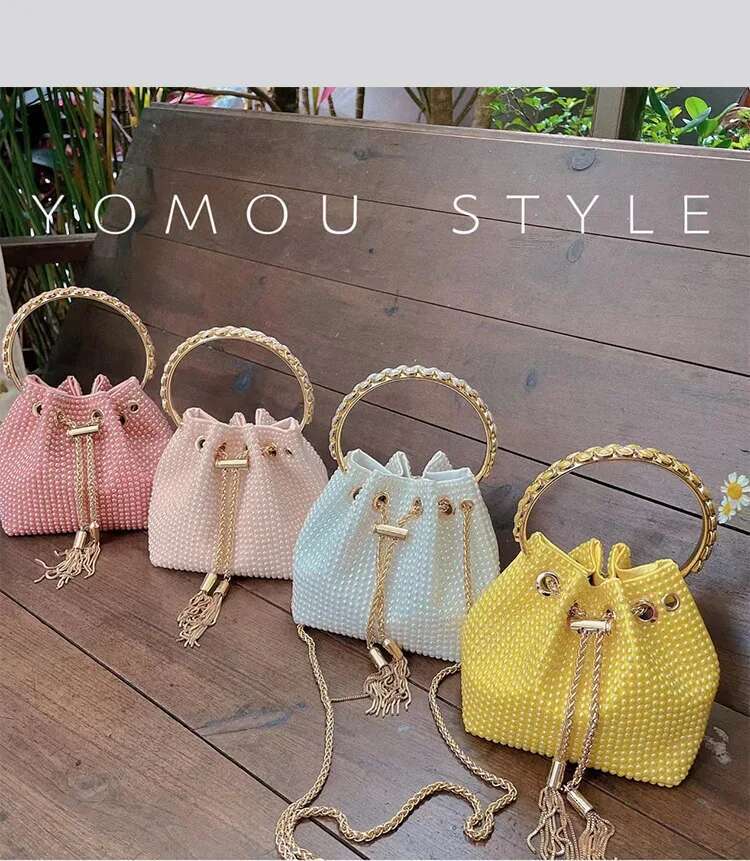 Fashion Ceramic Beads Beaded Shoulder Crossbody Metal Ring Handle Women's Handbag Evening Clutch Lady Purse Bucket Bag