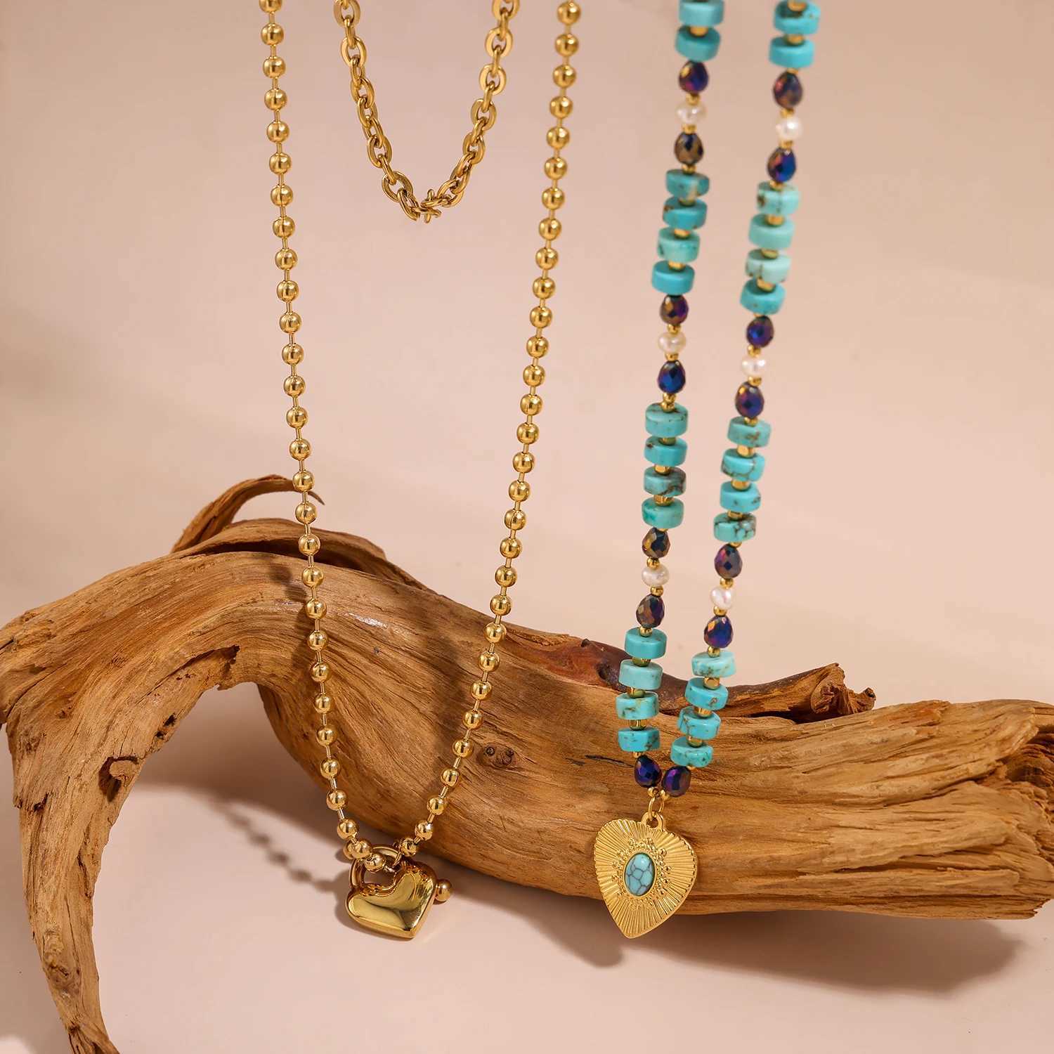 CARLIDANA Fashion Natural Stone Gold Color Turquoise Pendant Necklace Personality Multilayer Irregular Stainless Steel Jewelry W250318