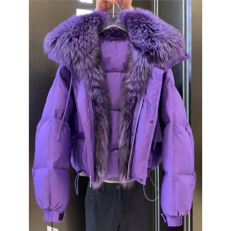 Shenzhen Nanyou high-end and super beautiful purple cotton for women's winter new style, small, thick, big fur collar short jacket