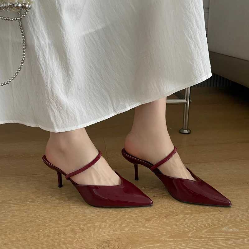 Red sexy Pointed Toe H sandals Fem patent leather elegant slider womens size 43 light Fi brand high H Wen Y250317