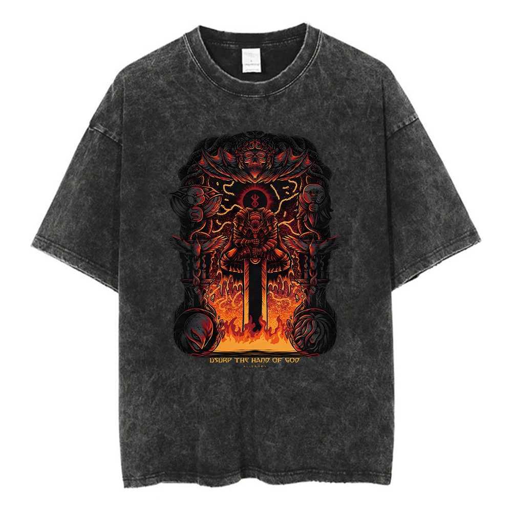 Berserk Guts acid T-shirt retro wash graphic T-shirt mens Harajuku cotton casual short sleeved T-shirt top unisexT250318