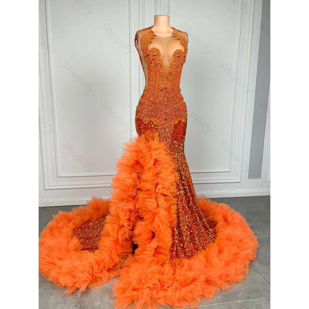 Sparkly Sequin Long Dresses 2024 High Slit Orange Ruffle Crystal Beaded Black Girls Mermaid Prom Gowns Customized Dr0318