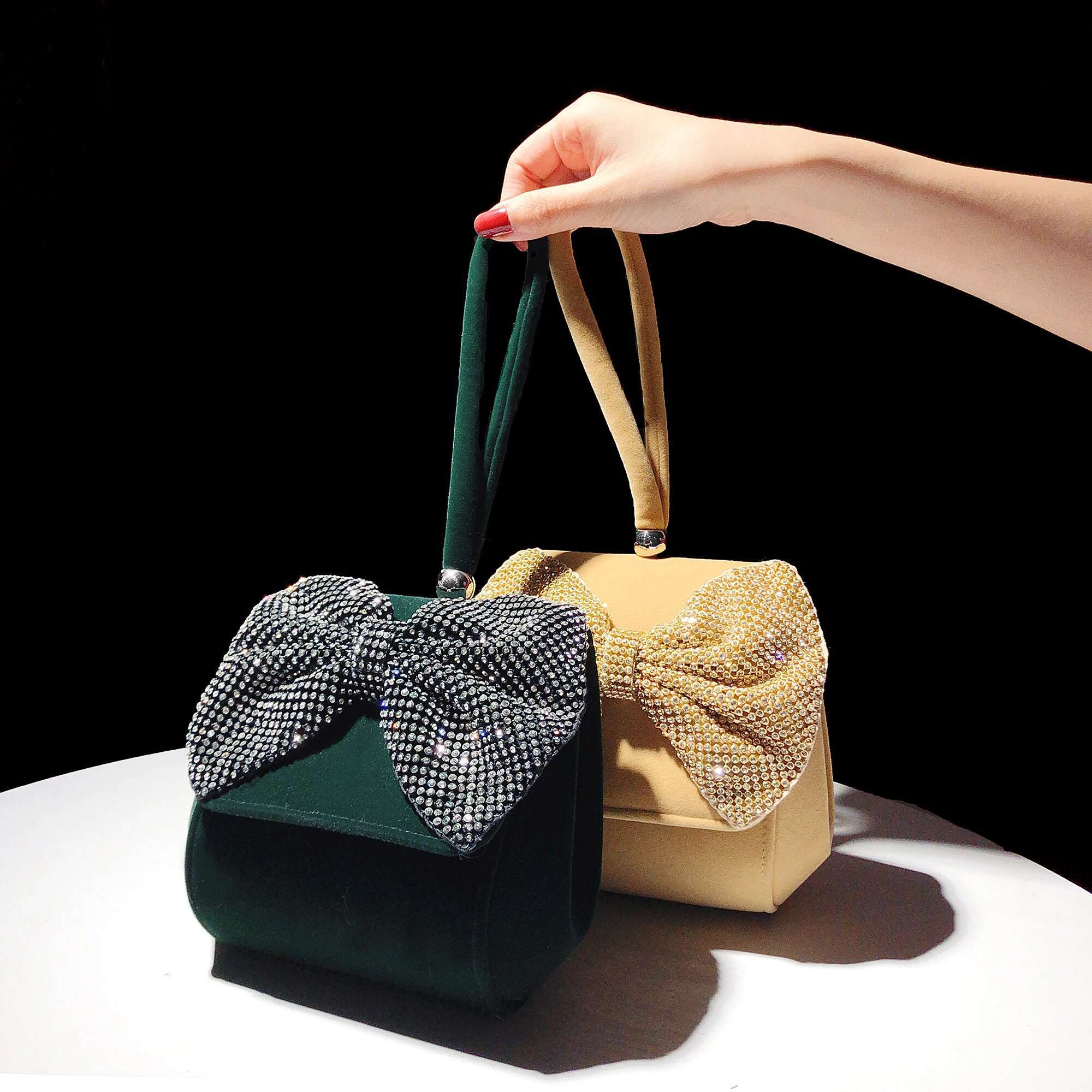 Fashion Women Handbag Veet Hobo Glitter Shiny Dias Bow Knot Evening Wedding Party Clutch Purse Shoulder Bag