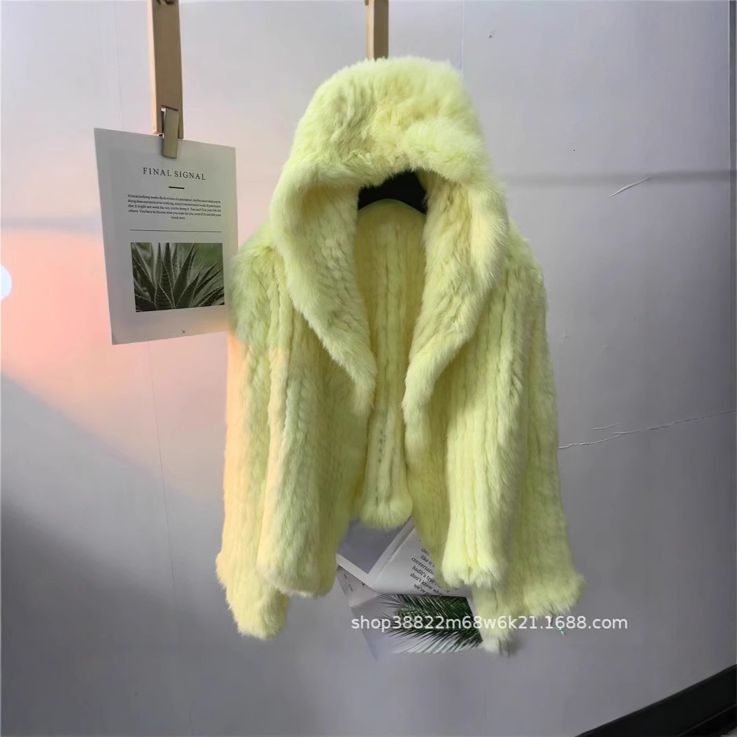 New style of celebrity, real rabbit coat, women's autumn and winter warm fur woven double-sided hooded fur, encrypted internet celebrity