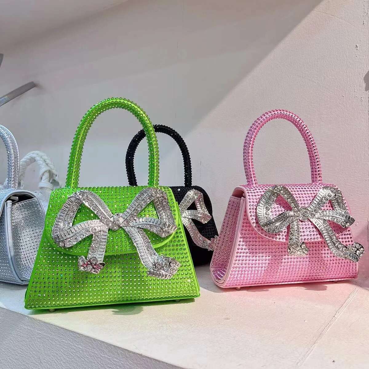 Designer Satin Square Rhies Dia Evening Wedding Party Clutch Purse Women Handbag Shoulder Messenger Bag