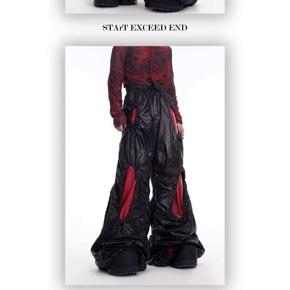 Men's Clothing Leather Pants Uniquely Folded Hollow Drawstring Casual For Men In Spring, New Splicing Color Blocking Stacking Wide Leg Or Pants