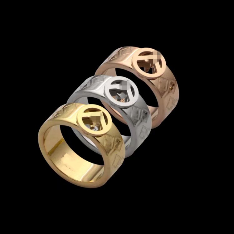 Made in italy 7MM Logo engrave designer hollow Ring 18K Gold Silver Rose 316L Stainless Steel letter Rings Women men wedding Jewelry Lady Gifts 6 7 8 9